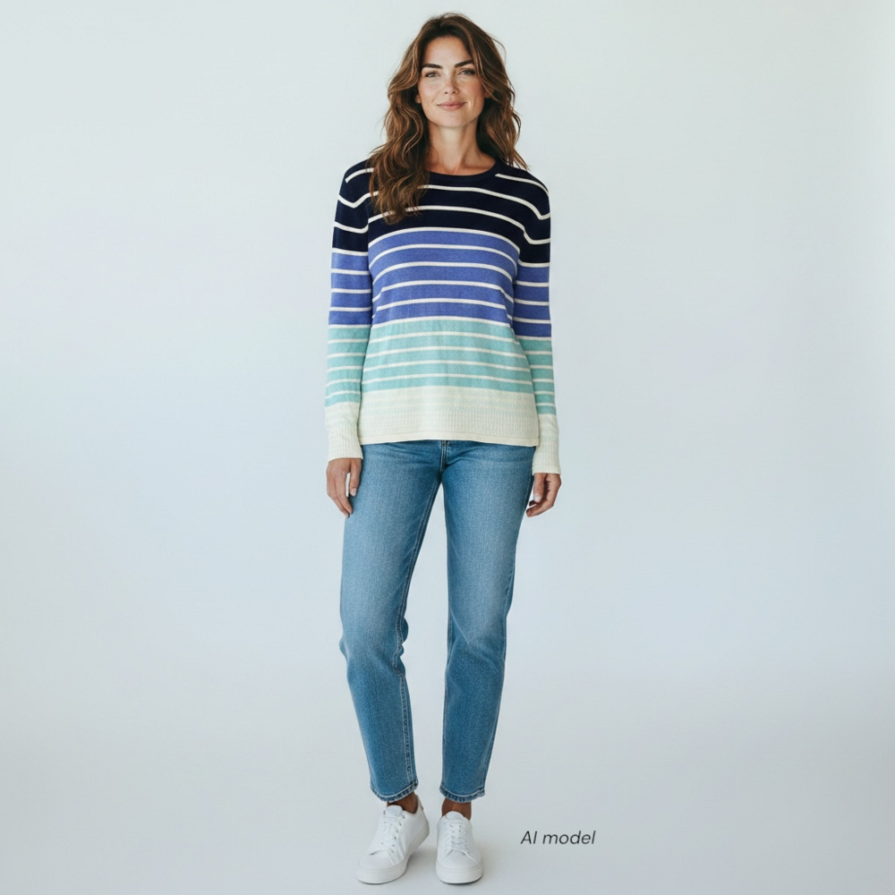 J McLaughlin Sweater Women M Blue Ombre Stripe Soft Cotton Stretch Crew Pullover